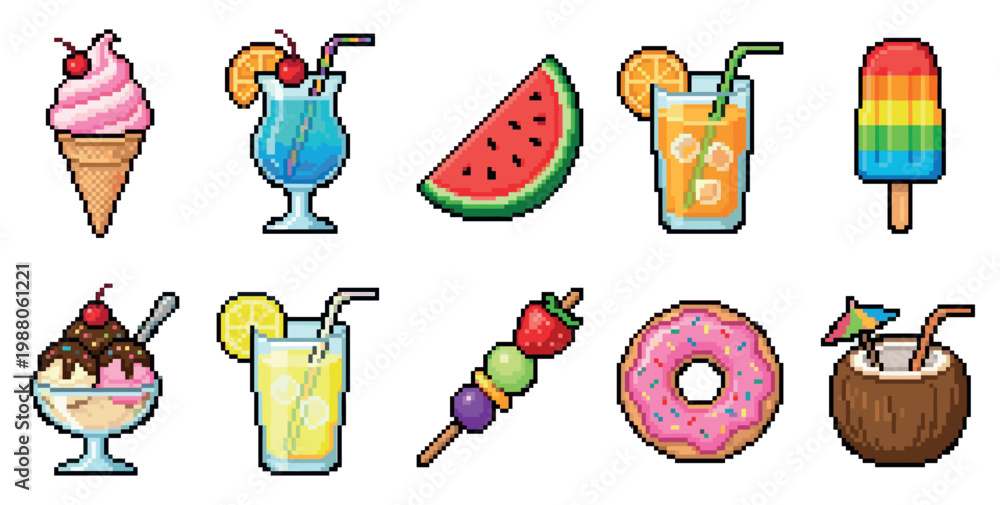 Obraz premium A vibrant collection of pixel art summer treats including ice cream, cocktails, watermelon, juice, popsicles, fruit skewers, donuts, and coconut drinks on a white background.