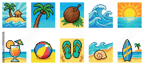 A collection of pixel art icons depicting various elements of a tropical beach vacation, including a palm tree hut, coconut, waves, sunset, cocktail, beach ball, flip-flops, seashell, and surfboard.
