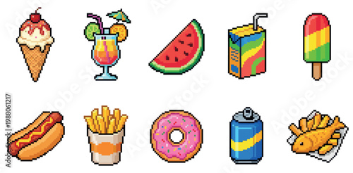 A colorful pixel art collection featuring various popular food items and drinks, perfect for retro-themed designs or digital art projects.
