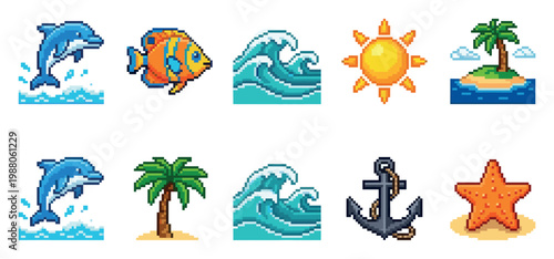 A vibrant collection of pixel art icons featuring ocean elements like dolphins, fish, waves, sun, island, palm tree, anchor, and starfish on a white background.