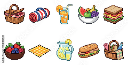 A collection of pixel art icons depicting picnic food and accessories, including baskets, sandwiches, fruit, drinks, and a blanket on a white background.