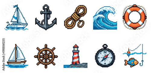 A collection of nautical themed pixel art icons including a sailboat, anchor, rope, wave, life preserver, ship wheel, lighthouse, compass, and fishing.