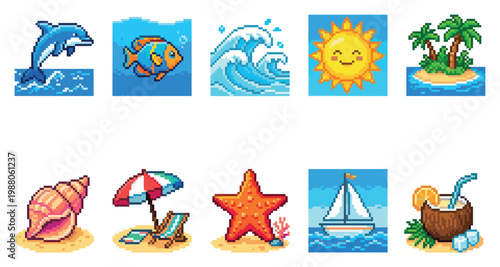 A collection of pixel art icons representing a summer vacation, including a dolphin, fish, waves, sun, island, shell, beach chair, starfish, sailboat, and coconut drink.