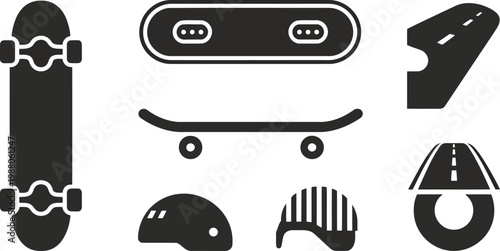 Skateboarding equipment collection a black and white glyph icon set