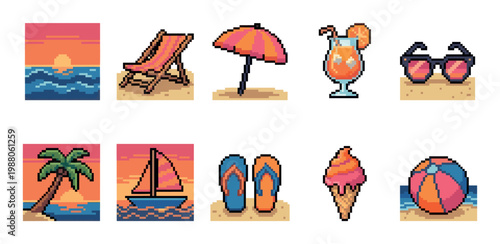 A collection of retro pixel art icons depicting classic summer beach elements like a sunset, beach chair, umbrella, drink, sunglasses, palm tree, sailboat, flip flops, ice cream, and beach ball.