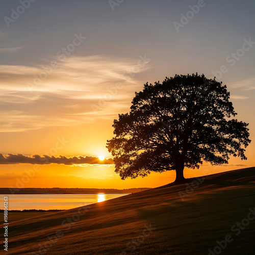 A solitary majestic oak tree standing on a grassy hill overlooking a lake at a golden sunset