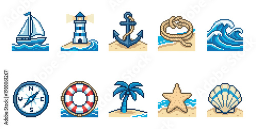 A collection of charming pixel art icons featuring nautical and beach elements, perfect for games, apps, or website design.