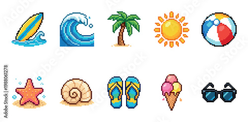 A collection of colorful pixel art icons representing summer beach elements like a surfboard, wave, palm tree, sun, beach ball, starfish, seashell, flip-flops, ice cream, and sunglasses.