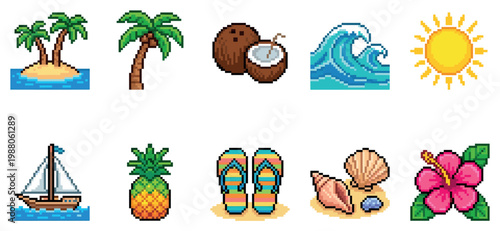 A set of ten pixel art icons featuring tropical beach elements like palm trees, coconuts, waves, sun, sailboat, pineapple, flip flops, shells, and hibiscus flower.