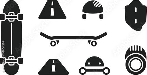 Skateboarding equipment icons a black and white collection of boards helmets and accessories