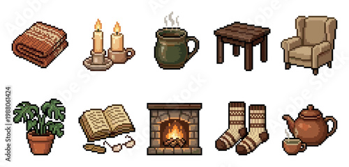A pixel art collection of cozy home objects including a blanket, candles, tea, a chair, a plant, a book, fireplace, socks, and teapot, evoking warmth and comfort.