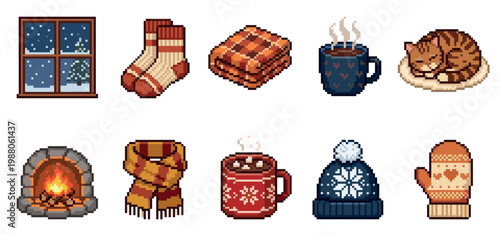 A charming pixel art collection features cozy winter items like a fireplace, hot chocolate, warm socks, and a sleeping cat, evoking a sense of warmth and comfort.