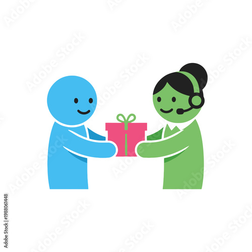 Customer service representative gives gift box to satisfied customer, illustration