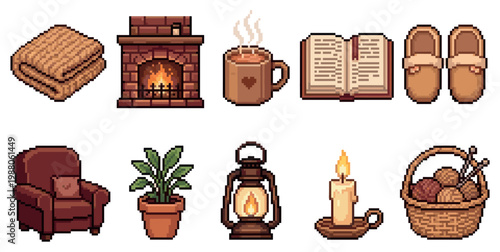 A collection of pixel art icons depicting cozy winter elements like a fireplace, blanket, mug of hot chocolate, book, and slippers.