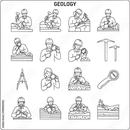 flat design illustration of geologists conducting fieldwork and laboratory research activities