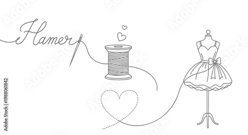 Fashion, sewing, dress, spool of thread, heart, vector illustration