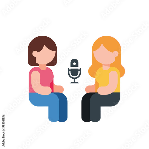 Two people talking at a microphone, podcasting concept, interview, discussion