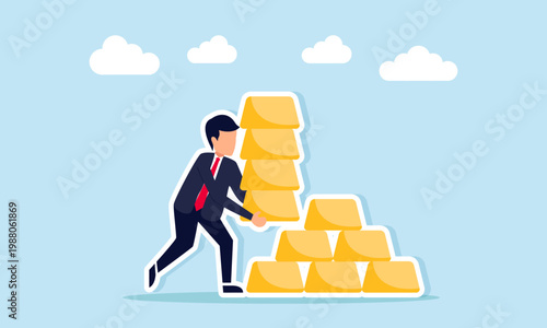 Businessman carrying gold stacks to arrange them illustration of effort to accumulate gold investment assets and build wealth