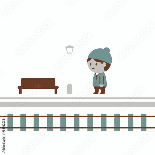 Child waiting at train station platform, winter clothing, simple illustration style