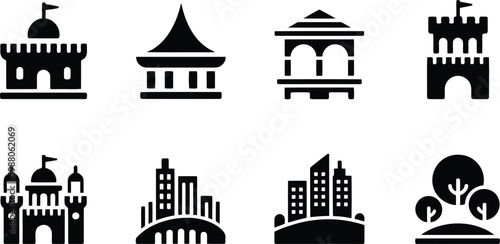 Black silhouette icons of various castles and architectural structures