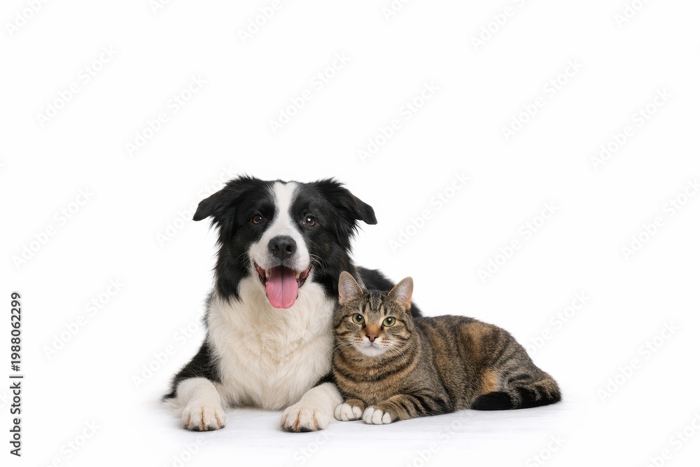 Fototapeta premium A cheerful black and white Border Collie and a calm tabby cat lying on a white background. Bright and friendly atmosphere, perfect companionship display.