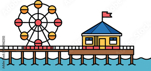 Amusement park pier with ferris wheel and coastal building over ocean water for summer vacation carnival and boardwalk entertainment concepts