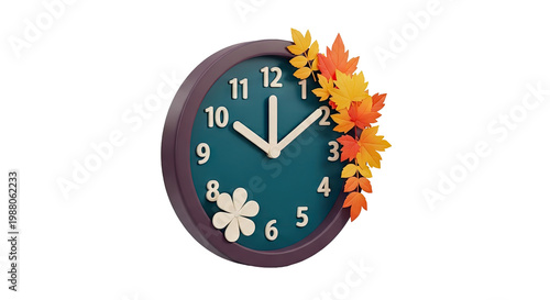 Autumn Clock Decorated with Fall Leaves