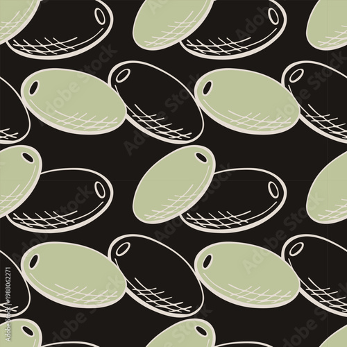 Mediterranean olive grove rhythm seamless pattern - organic gourmet kitchen motif for premium olive oil packaging, italian bistro identity, artisanal textile and mid-century modern interior decor