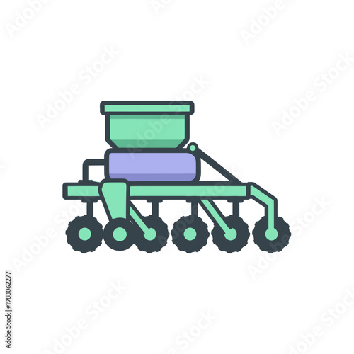 Agricultural planter machine, farm equipment for sowing seeds, vector illustration