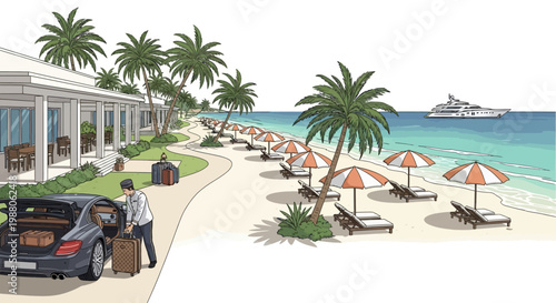 Illustrated scene showing a traveler unloading luggage from a car near a tropical beach resort with palm trees and lounge chairs under parasols, rendered with bright, summery colors