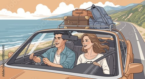A smiling couple is driving in a convertible car packed with luggage on a roof rack along a coastal highway, rendered in a cartoon style with bright colors under a partly cloudy sky
