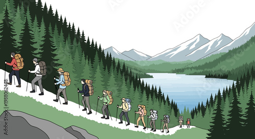 Illustration of a group of hikers ascending a mountain trail with backpacks and trekking poles, set against a background of snow-capped mountains and a serene lake, rendered in a flat