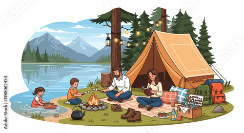 Illustration of a family camping near a lake with mountains in the background, featuring warm lighting from a campfire and string lights, evoking a cozy and serene mood with autumnal