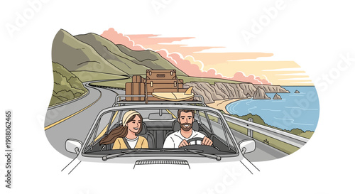 A young couple drives a car with luggage strapped to the roof on a winding coastal road overlooking the ocean, rendered in a clean, illustrative style with soft pastel colors