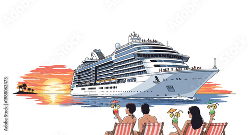 A family relaxes on deck chairs with tropical drinks watching a cruise ship sail into a vibrant sunset, depicted in a bright, colorful illustration against a clean white background
