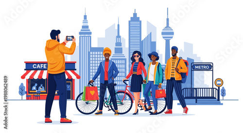 A tourist takes a picture of a diverse group of friends with shopping bags and bicycles against a backdrop of modern city skyscrapers and transportation signs in a vibrant cartoon style