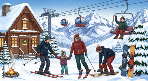 Illustration of a family preparing for skiing near a snow-covered cabin and ski lift in a mountainous landscape under a bright sky, creating a cozy and adventurous winter scene with warm