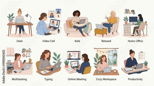 10 Woman Working From Home Illustration Pack – Remote Work & Lifestyle Vector Collection