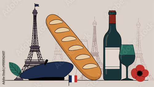 France landmarks and food illustration