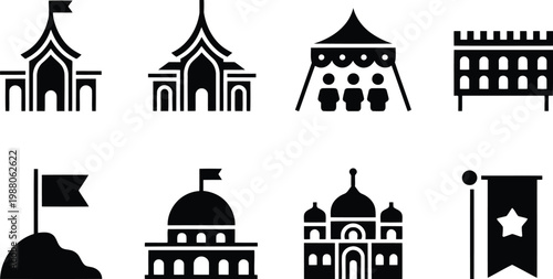 Black silhouette icons of various architectural structures and flags