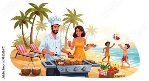 Illustrative artwork of a family enjoying a BBQ vacation on a tropical beach with palm trees, where the father is grilling food, the mother is holding a tray, and the children are playing