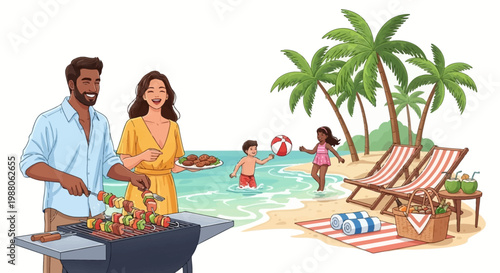 During a family BBQ vacation, a father grills skewers as children play in the ocean, captured in a vibrant illustration with palm trees, beach chairs, and picnic basket details