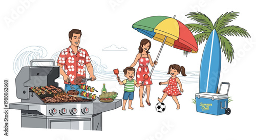 On a family BBQ vacation, a dad grills food as his family enjoys the sunny beach with a surfboard, cooler, and umbrella, depicted in a colorful, cartoon illustration against a white