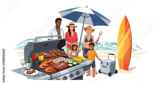 An illustration depicts a family enjoying a BBQ vacation near the ocean, grilling meats and vegetables on a stainless steel grill, with a surfboard and cooler beside them under a beach