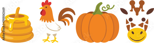 Set of various flat icons including stacked pancakes with syrup a colorful rooster a ripe orange pumpkin and a cute giraffe face for diverse graphic design projects