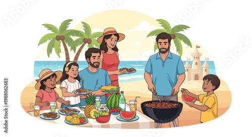 On a family BBQ vacation, a group enjoys grilled food on the beach with palm trees and a sandcastle in the background, illustrated in a cheerful, cartoon style with bright colors