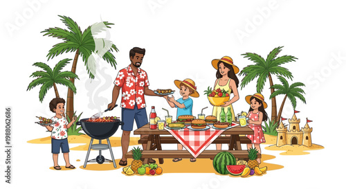 A happy family enjoys their BBQ vacation, gathered around a picnic table laden with food and drinks, with dad grilling under palm trees in this colorful cartoon illustration