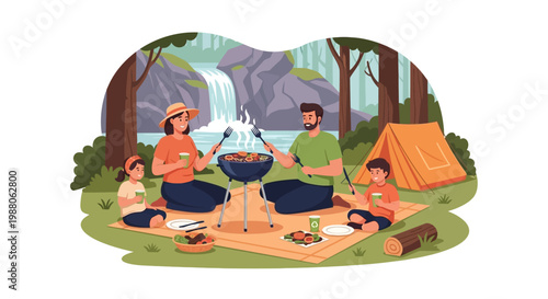 A family enjoys a BBQ vacation, grilling with skewers near a waterfall, shown in a flat vector illustration with a yellow tent, charcoal grill, and a picnic blanket, evoking a joyful