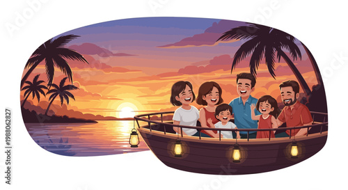 During their family BBQ vacation, a happy group of people sails on a boat at sunset, with palm trees visible on the shore and a warm color palette creating a joyful and tropical atmosphere