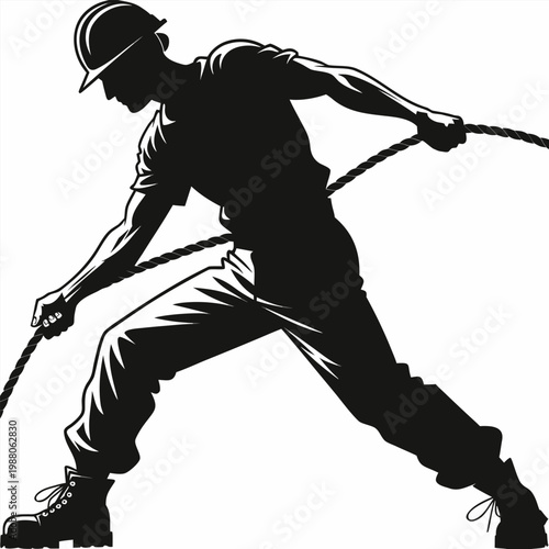 Industrial construction worker silhouette pulling rope, strong manual laborer in hard hat and boots, black and white vector illustration of physical labor